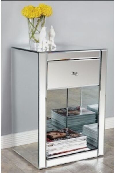 LUXURY VİLLA Luxury Aynalı Tek Çekmeceli Kitaplıklı Komodin 45x45 Yükseklik 65cm