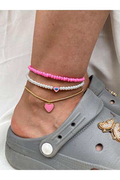 Lucky Designs Pembe Mineli Kalpli Inci Detay Üçlü Set Halhal/ Kadın Çoklu Set...