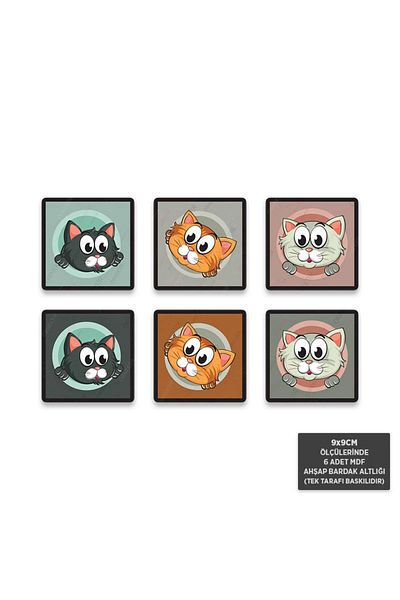 Hayal Poster BA1001 - طقم زجاج خشبي MDF مكون من 6 قطع مع قطط (9x9 سم)