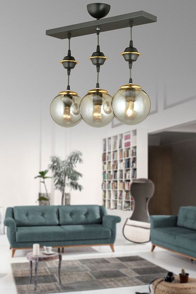 SONSUZ AYDINLATMA&AVİZE Row of Black 3-Piece Smoked Glop Top Glass Downward Facing Luxury Chandelier