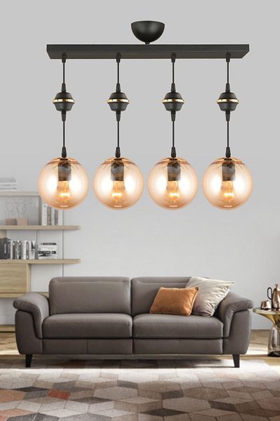 SONSUZ AYDINLATMA&AVİZE Row of Black 4-Piece Bal Glop Top Glass Downward Facing Luxury Chandelier