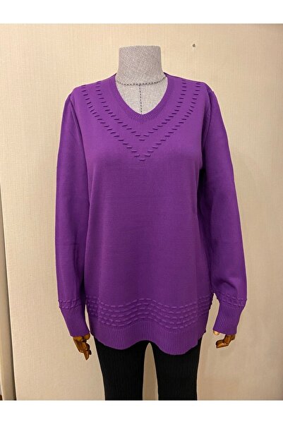 TEK Pulover tricotat cu decolteu în V, cu model, bluză pentru mamă / Mov