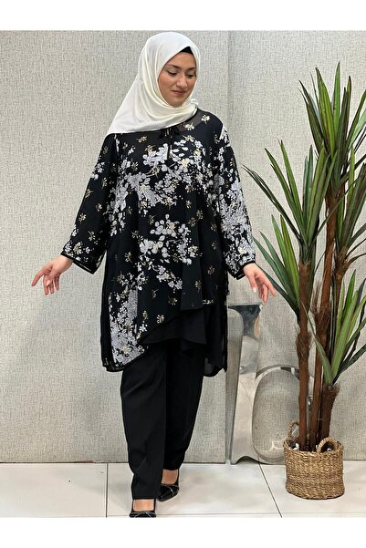Butik büyük beden Patterned Chiffon Lined Tunic