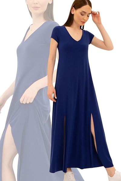 Laranor Sax Slit V-neck Relaxed Cut Long Dress