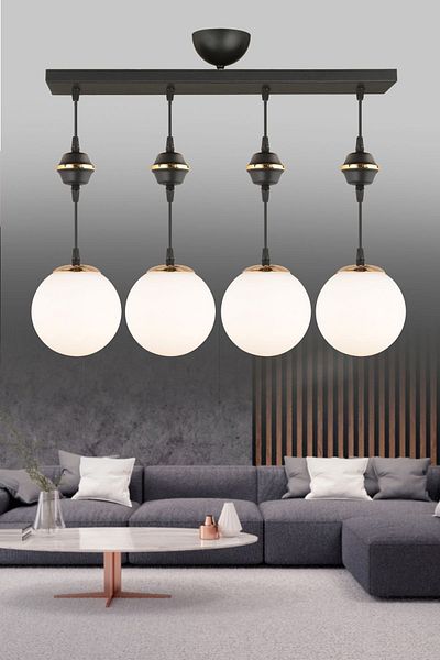 SONSUZ AYDINLATMA&AVİZE Row of Black 4-Piece White Globe Top Glass Downward Facing Luxury Chandelier