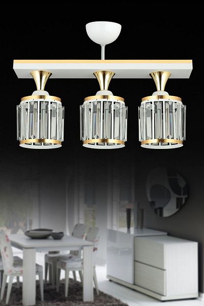 SONSUZ AYDINLATMA&AVİZE 3 Row White Crystal Stone Plafonier Yellow Striped Cylinder Downward Facing Luxury Chandelier