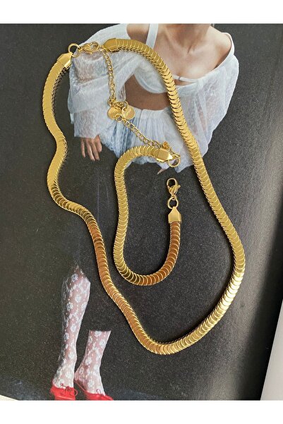 BORENO Balık Sırtı Ezme Zincir Paslanmaz Çelik Üzeri 14 Ayar Altın Kaplama Set