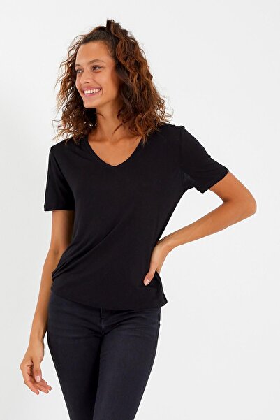 QUHOX Tricou damă din material modal cu decolteu în V, negru