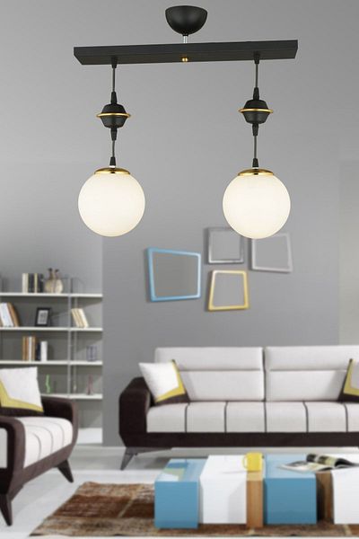 SONSUZ AYDINLATMA&AVİZE Row of Black 2-Piece White Globe Top Glass Downward Facing Luxury Chandelier