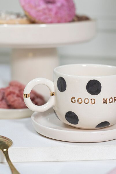 ada mia seramik Good Morning Benek Desenli Özel Tasarım 24k Altın Dekorlu El Yapımı Seramik Mug 200ml