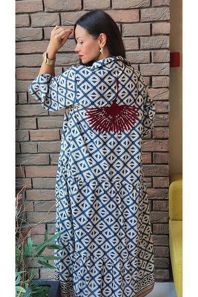 Park Moda AN10522 - ANKA Μακρύ βαμβακερό φόρεμα με λεπτομέρεια από κέντημα πουλιού