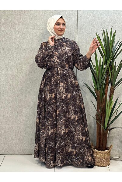 Butik büyük beden Kemerli Şifon Desenli Elbise