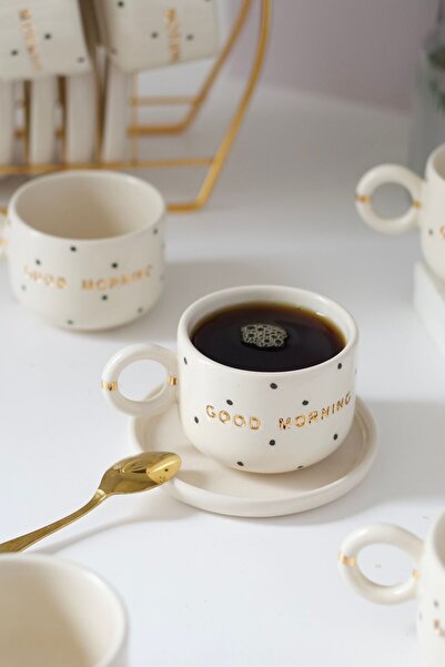 ada mia seramik Good Morning Benek Desenli Özel Tasarım 24k Altın Dekorlu El Yapımı Seramik Mug 200ml