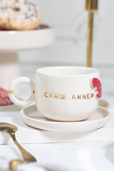 ada mia seramik Canım Annem Yazılı Kalp Figürlü 24K Altın Dekorlu El Yapımı Seramik Mug 200ml