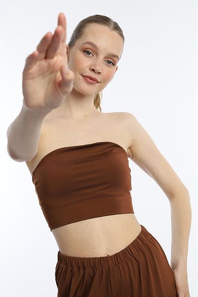 QUHOX Καφέ Allegro Υφασμάτινο Crop Top χωρίς λουράκι - Γυναικείο