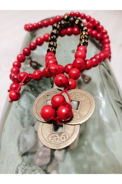 PİRAMİGO Red Coral Stone and Lucky Money 108 Mala Long Necklace