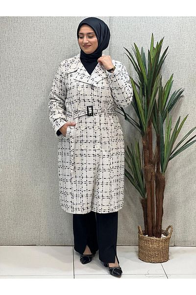 Butik büyük beden Double Buttoned Plaid Coat