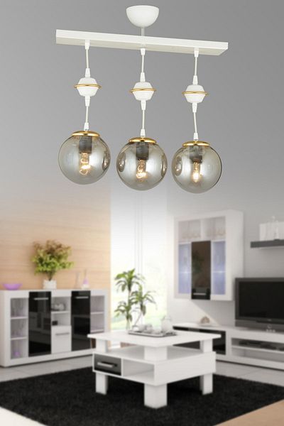 SONSUZ AYDINLATMA&AVİZE Row of White 3-Piece Smoked Glop Top Glass Downward Facing Luxury Chandelier