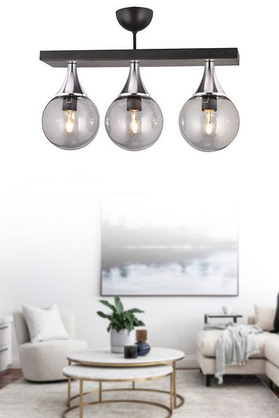 SONSUZ AYDINLATMA&AVİZE Black 3 Row Plafonier Smoked Glop Top Glass Chrome Downward Facing Luxury Chandelier