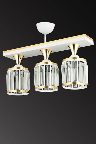 SONSUZ AYDINLATMA&AVİZE 3 Row White Crystal Stone Plafonier Yellow Striped Cylinder Downward Facing Luxury Chandelier