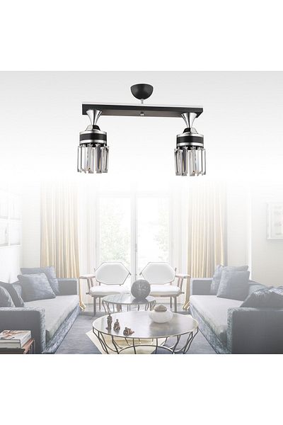 SONSUZ AYDINLATMA&AVİZE Tokyo 2-Piece Black Row Plafonier Crystal Stone Chrome Strip Cylinder Downward Facing Luxury Chandelier