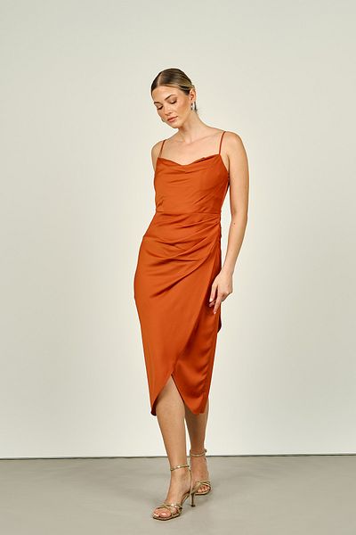 DORİDORCA Doridorca Brick Color Degaje Collar Women's Evening Dress 5923060