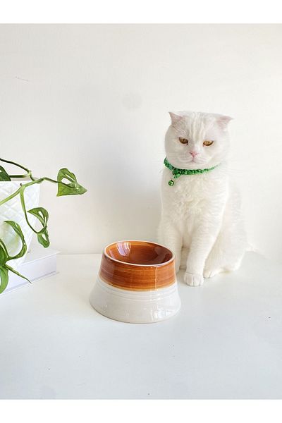 stilinbu Ceramic Cat And Dog Food Water Bowl Colorful Moon Bowl (White-Light Brown)