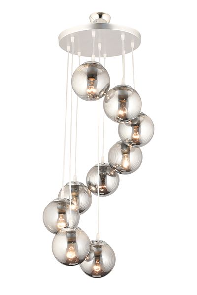 Kraliçe 9-Piece Smoked Globe Glass Chrome Pendant Lamp Tray - Straight Downward Facing Luxury Chandelier