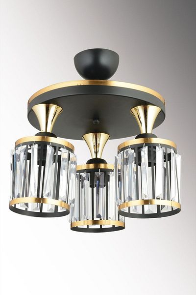 SONSUZ AYDINLATMA&AVİZE 3-Piece Black Tray Crystal Stone Plafonier Yellow Striped Cylinder Downward Facing Luxury Chandelier