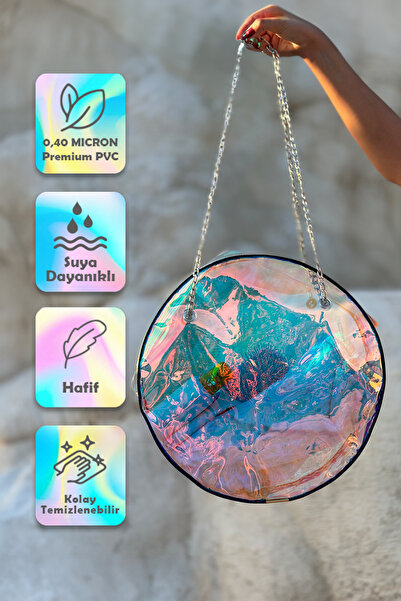 altıparmak Fermuarlı Yuvarlak Zincir Saplı Plaj Çantası – Hologram/ Şeffaf 40...
