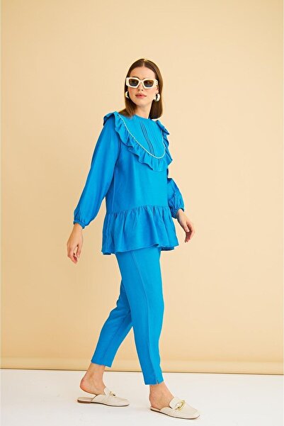 Basicpark Luxe Ruffled and Stoned Linen Blue Tunic Trousers Set