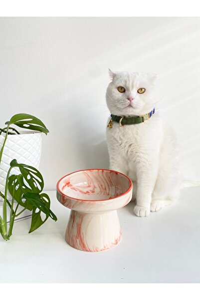 stilinbu Seramik Kedi Ve Köpek Mama Su Kabı (turuncu Çizgili-ebru Desen-m2)