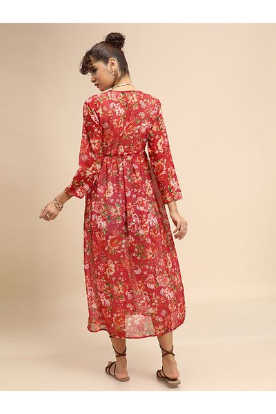 Tokyo Talkies By Styli Floral Print Longline Open Front Shrug with Tie-up Detail