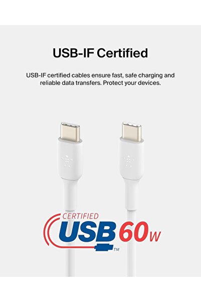 Belkin BoostCharge USB-C to USB-C Fast Charger Cable, 2m Black - Fast Charging for iPhone 15, S24 - White