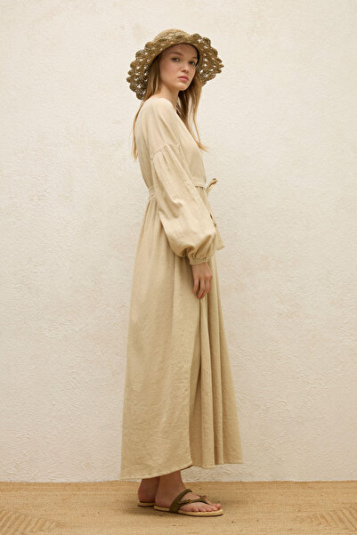 Manuka Béžové bavlněné dvouřadé šaty