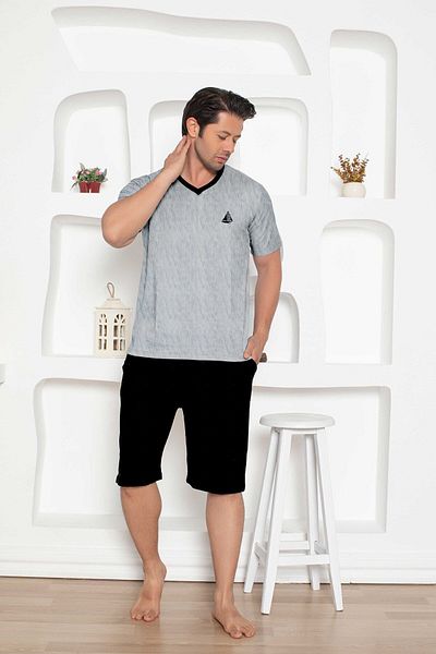bie's Γκρι Melange V-Neck Pocket Βαμβακερό Σετ Πυτζάμες - Μακρύ σορτς Navy Blue