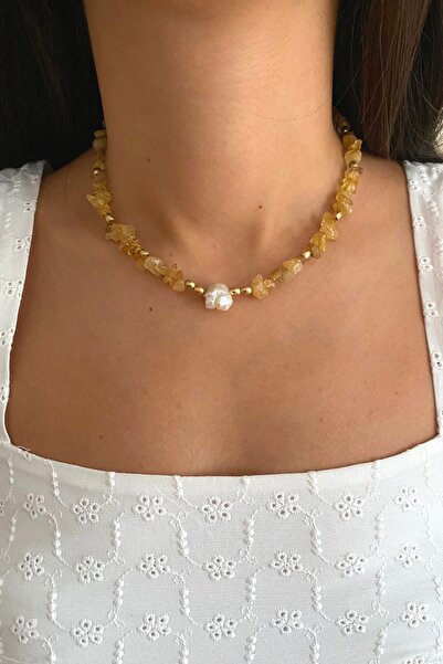 Suerte Accessories Citrine (Coin Magnet) Natural Stone Baroque Pearl Pendant Handmade Special Design Natural Stone Necklace