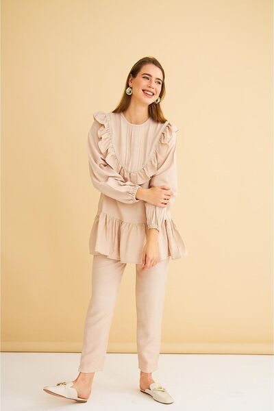 Basicpark Luxe Ruffled and Stoned Linen Stone Tunic Trousers Set