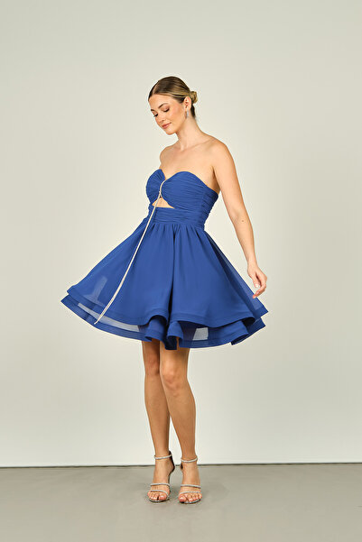 Saygın Strapless Chiffon Mini Evening Dress with Window Detail, Indigo 4597