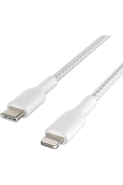 Belkin Braided USB-C to Lightning Cable for Fast Charging, (iPhone 15 or Earlier) MFi-Certified, 2m, White