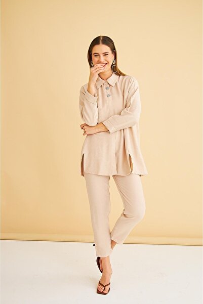 Basicpark Afra Stone Embroidered Linen Woven Stone Shirt Trousers Set