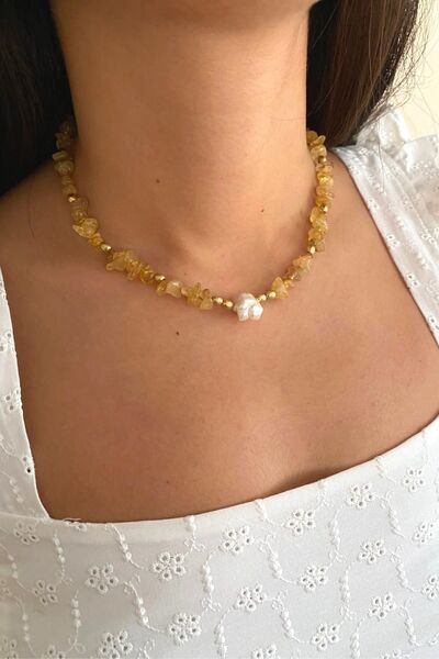 Suerte Accessories Citrine (Coin Magnet) Natural Stone Baroque Pearl Pendant Handmade Special Design Natural Stone Necklace