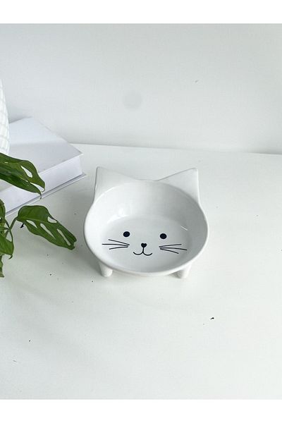 stilinbu Ceramic Sweet Cat Cat Food- Water Bowl (white)