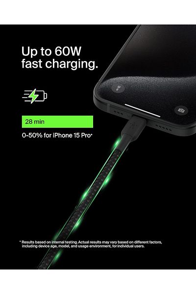 Belkin BoostCharge Braided USB-C Fast Charger Cable for iPhone 15, Galaxy S24, iPad, MacBook - 1m,Black