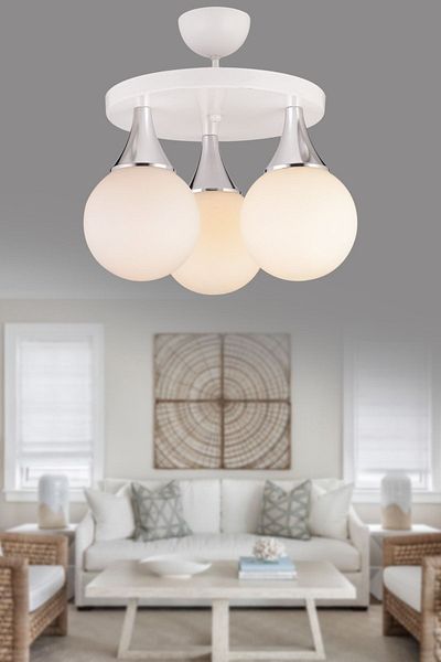 SONSUZ AYDINLATMA&AVİZE White 3-Plafone White Glop Top Glass Chrome Downward Facing Luxury Chandelier