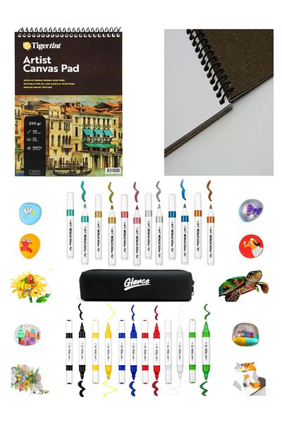 GLANCE Set of 12 - Artist Canvas Pad, Canvas Notebook, A5 10 Yp, Acrylic Metallic Marker, 6 Metallic, 6 Vibrant Colors