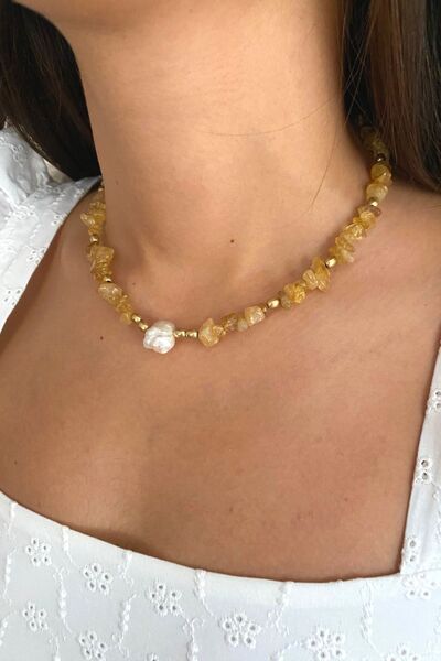 Suerte Accessories Citrine (Coin Magnet) Natural Stone Baroque Pearl Pendant Handmade Special Design Natural Stone Necklace