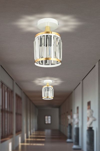 SONSUZ AYDINLATMA&AVİZE Single White Crystal Stone Plafonier Yellow Striped Cylinder Downward Facing Luxury Chandelier