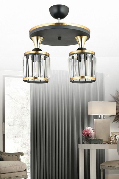 SONSUZ AYDINLATMA&AVİZE 2-Piece Black Tray Crystal Stone Plafonier Yellow Striped Cylinder Downward Facing Luxury Chandelier