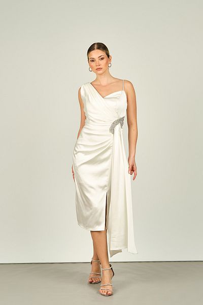 Dans Stone Embroidered Side Tail Ecru Araboy Women's Evening Dress 1510